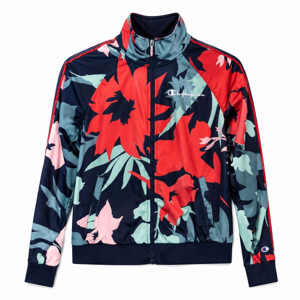 Champion Womens Floral Track Jacket Size S Full Zip Athletic Retro Colorful Logo